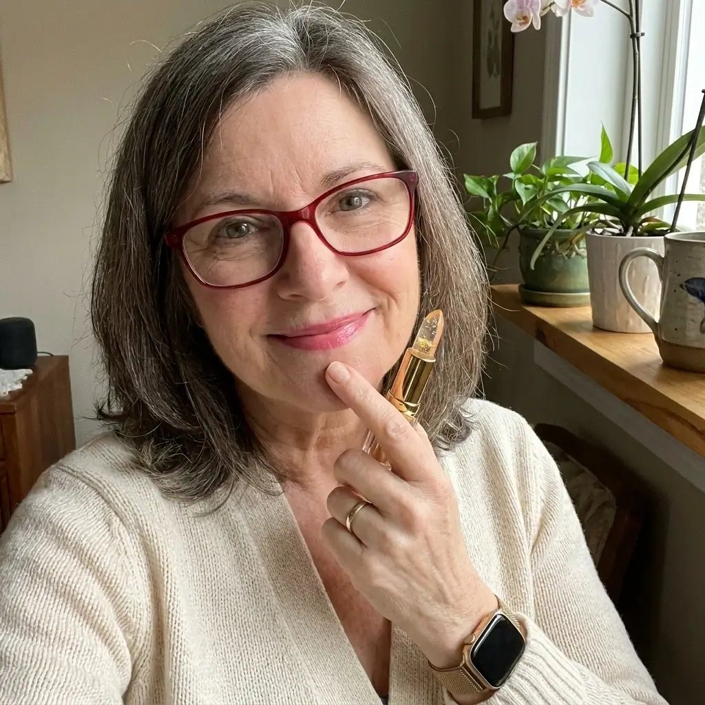 Woman with gray hair applying a gold Kivora lipstick