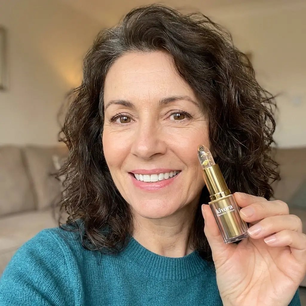 Woman with curly dark hair holding a Kivora lipstick