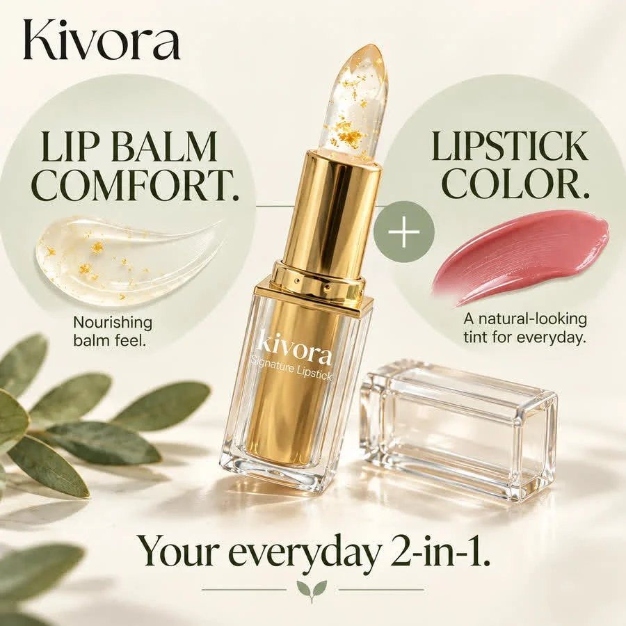 Kivora lipstick in a gold case with a clear, gold-flecked balm
